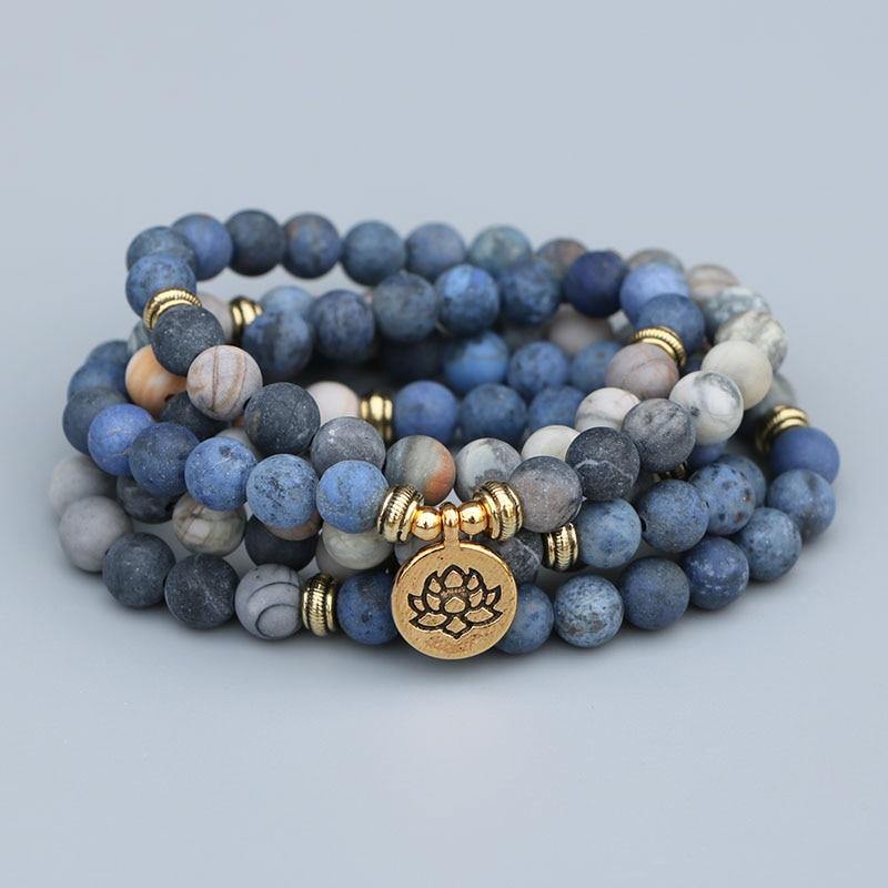 EDOTHALIA 108 Beads Mala Lotus Bracelet 8MM Matte Blue Stone & Picasso Stone Women Men Meditation Yoga Bracelets Drop ship - Kala Mindfulness